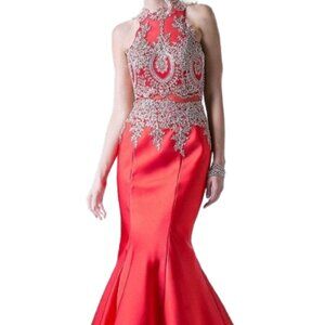 NWT Ladivine 8934 Metallic lace embroid Evening Dress Red Size 8